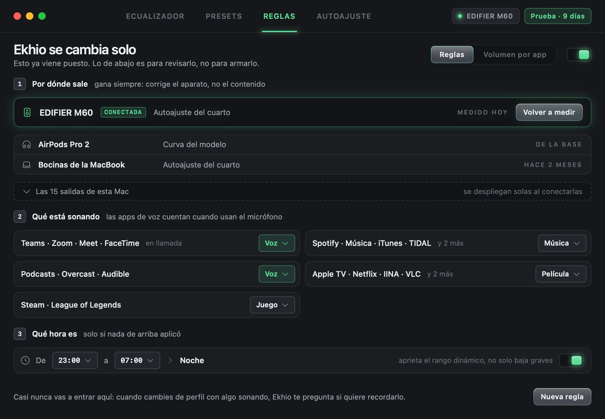 Pantalla Reglas: por dónde sale, qué está sonando, qué hora es